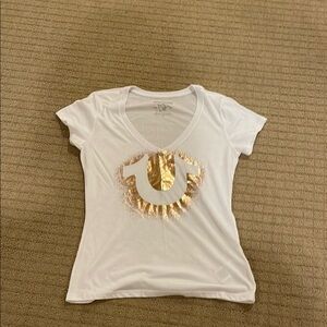 True Religion White and Gold Short Sleeve Tee